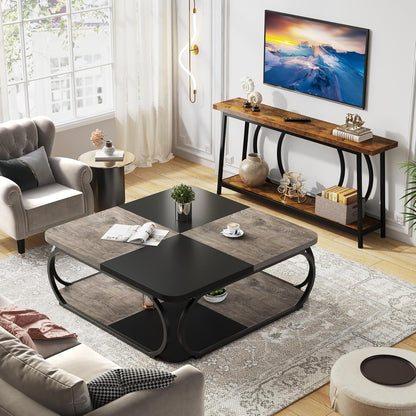 Salontafel – Koffietafel – Woonkamertafel – Theetafel – Bijzettafel – Modern Vierkant Ontwerp – Open Opbergruimte – Metaal Houtcomposiet – 100x100x50 cm – Zwart Grijsbruin