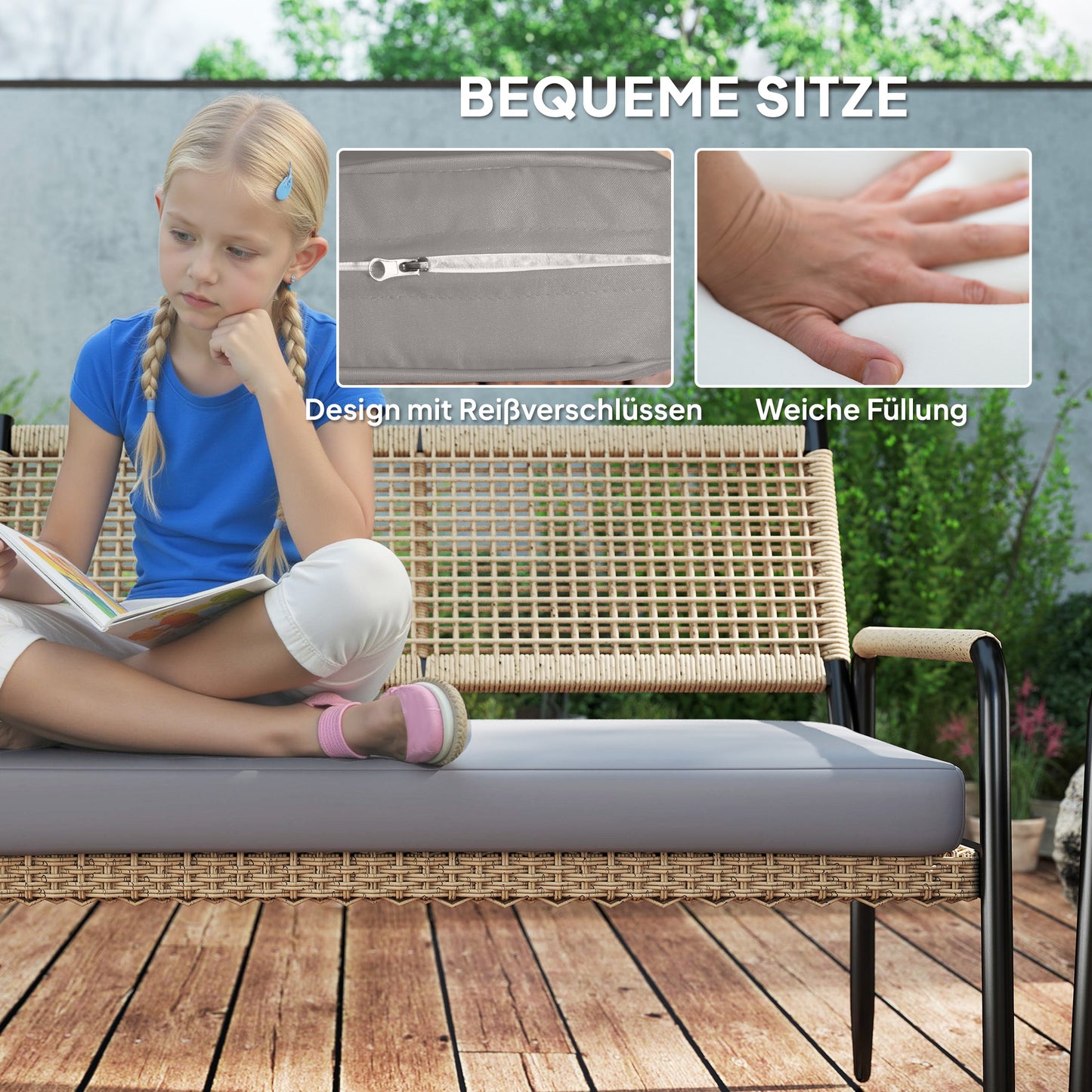 Poly Rattan Loungeset – Tuinmeubelset – Loungehoek – Buitenmeubel – Terrasmeubilair – Weerbestendig & UV-bestendig – Compleet 4-persoons Donkergrijs met Gele Accenten