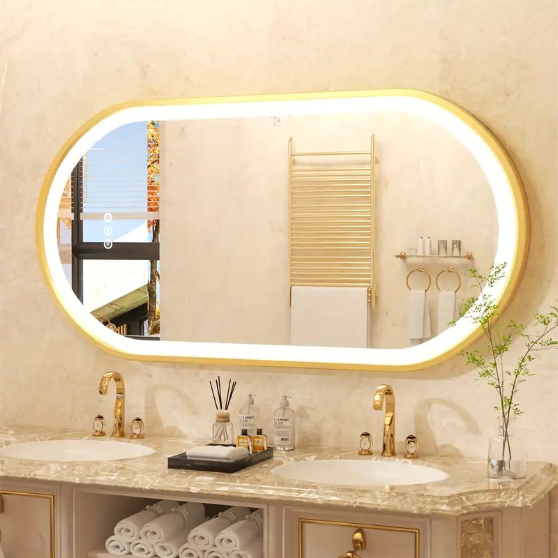 Ovaal LED Badkamerspiegel – Spiegel – Make-up Spiegel – Wandspiegel – Antibeschlag Spiegel – 50x80 cm – Gouden Aluminium Frame – Antibeschlagfunctie met Dimbare LED-verlichting