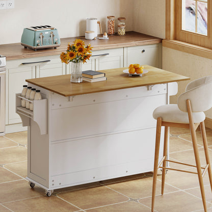 Large Mobile Kitchen Island with Fold-Down Worktop - Heavy-Duty Metal Construction, Lockable Casters, Barn-Style White Finish, 4 Doors, 3 Drawers, Double-Sided Towel Rails & Door Racks - Space-Saving Storage Cabinet for Kitch