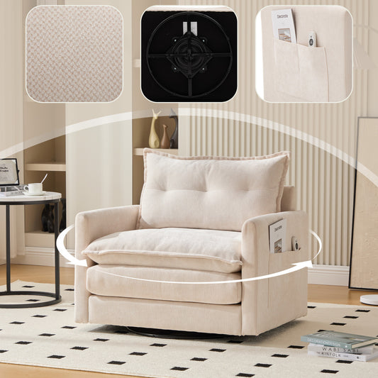 Loungechair – Fauteuil – Schommelstoel – Zitzak – Stoel – 360° Draaibaar – Beige Chenille Bekleding
