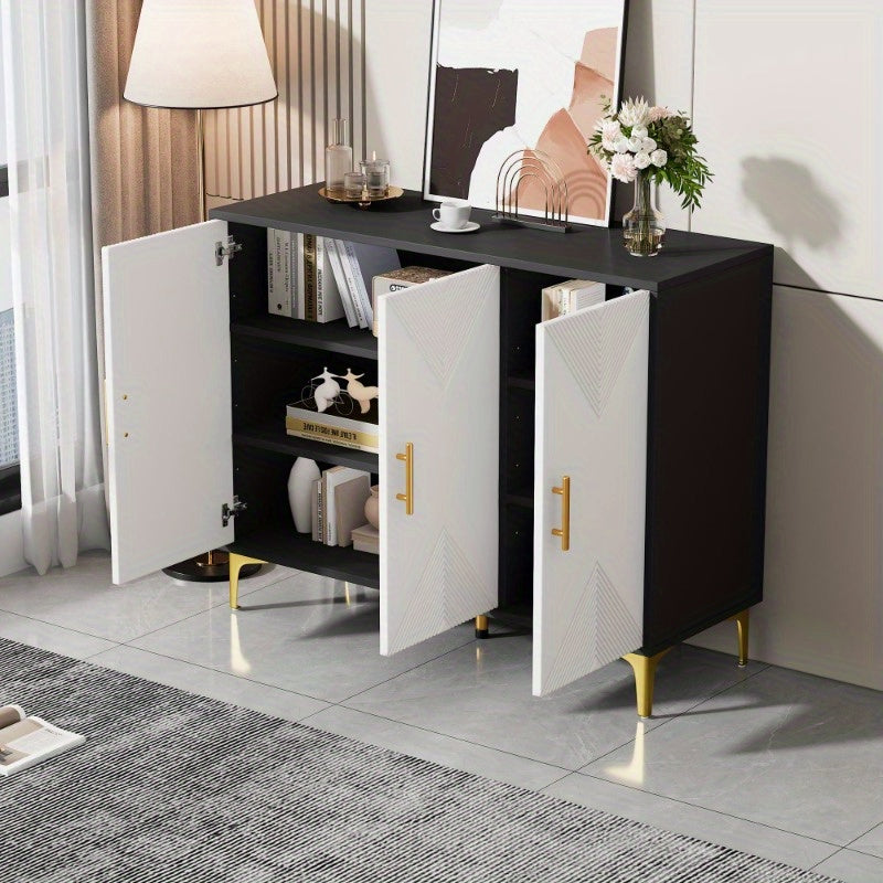 Modern Metallic Sideboard Cabinet - Elegant White & Golden Accent Storage with Doors, Non-Wood Furniture for Living Room, Bedroom, Dining Room - Easy Assembly Required, Preppy Room Decor, Bedroom Organizer, Classic Striped Do