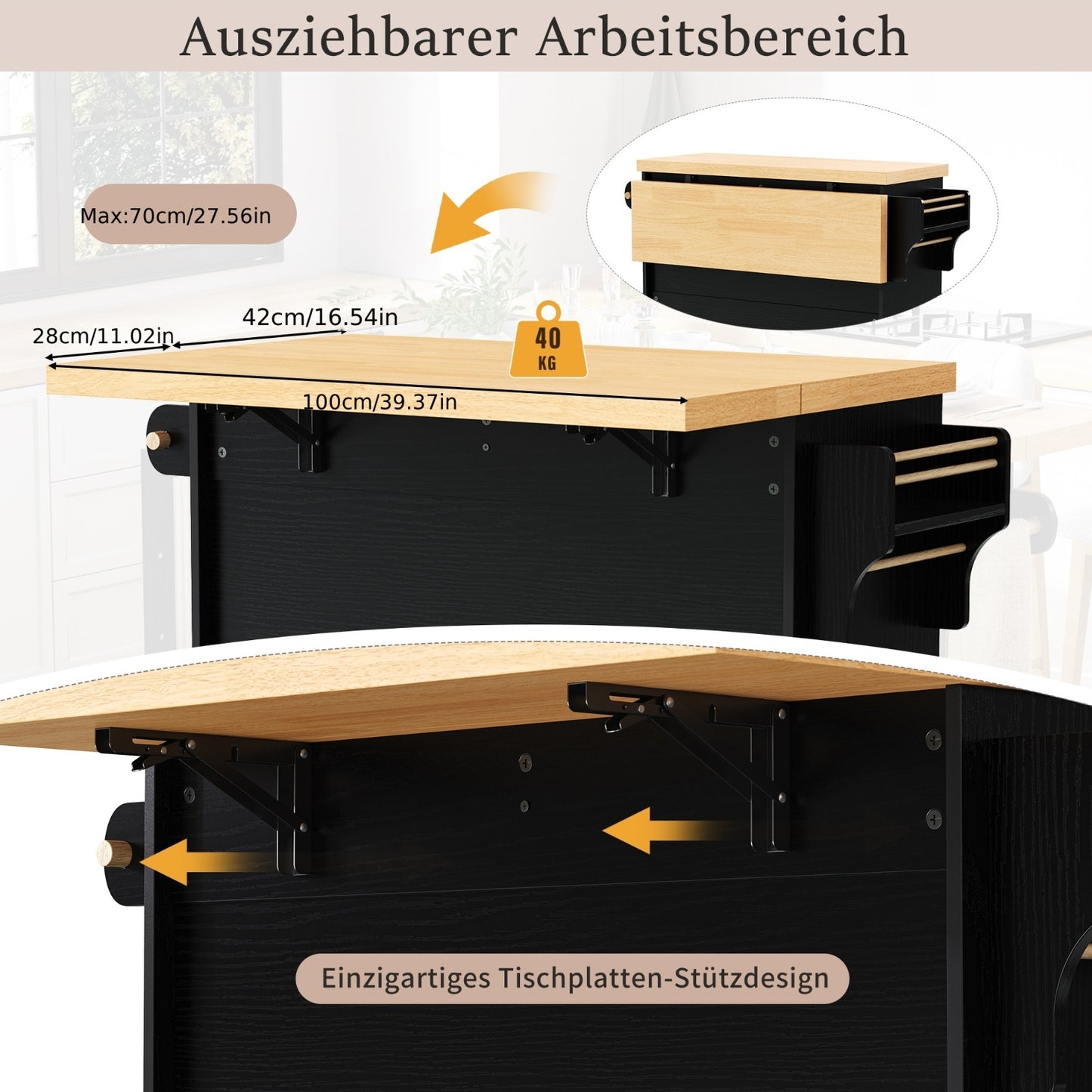 Verplaatsbaar Keukeneiland – Keukentrolley – Bar Tafel – Opbergkast – Eettafel – Inklapbaar – Wijnrek – Wielen Met Rem – Wit – Compact En Stijlvol