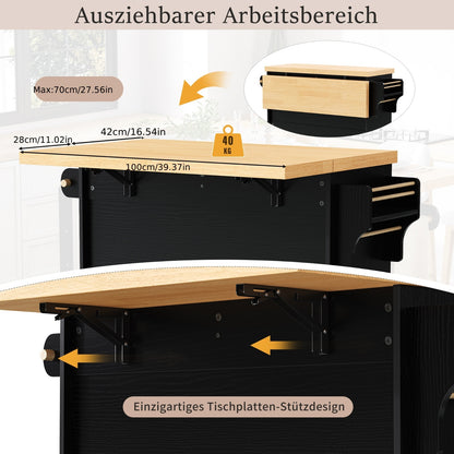 Verplaatsbaar Keukeneiland – Keukentrolley – Bar Tafel – Opbergkast – Eettafel – Inklapbaar – Wijnrek – Wielen Met Rem – Wit – Compact En Stijlvol
