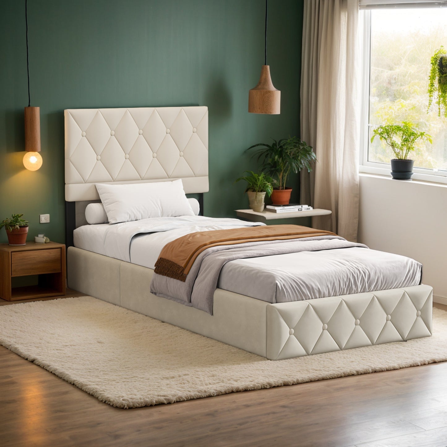 Boxspringbed – Boxspring – Tweepersoonsbed – Opbergbed – Slaapbank – Hydraulische Opbergruimte – Button-Tufted Hoofdbord – 90x200 cm Beige