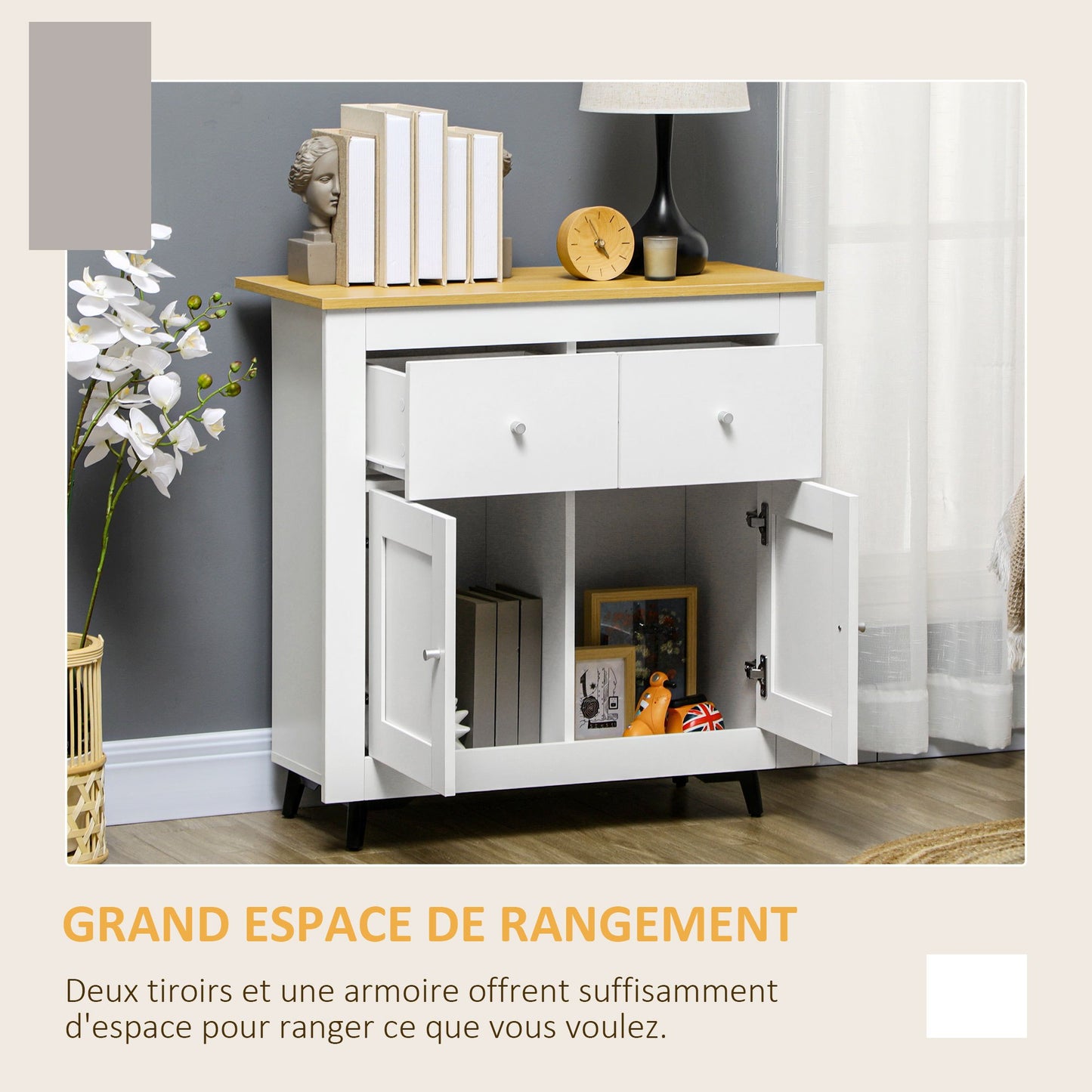 Kast – Opbergkast – Dressoir – Buffettafel – Meubel – Wit – Houtlook Plank – Soft-Close Deuren – Anti-Kantel Beveiliging