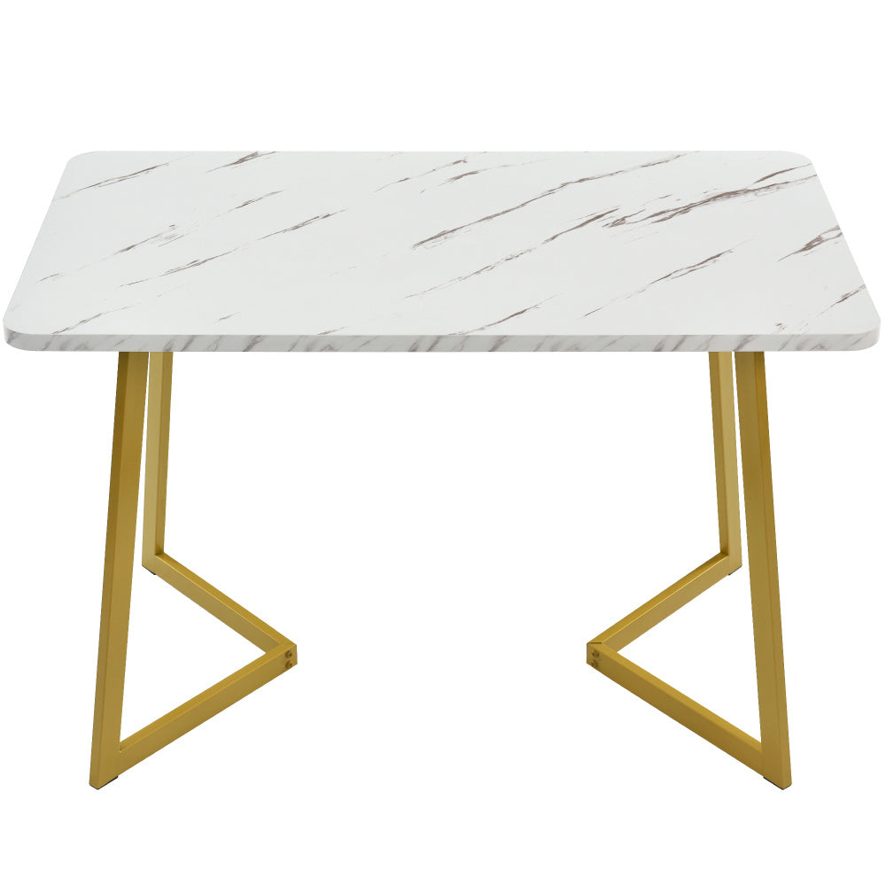Eettafelset 5-delig – Eetkamerset – Dinerset – Tafel met Stoelen – Witte Tafel Met Gouden Metalen Poten – Grijze Linnen Bekleding – Stevig & Duurzaam – Modern Elegant Design