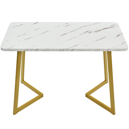Eettafelset 5-delig – Eetkamerset – Dinerset – Tafel met Stoelen – Witte Tafel Met Gouden Metalen Poten – Grijze Linnen Bekleding – Stevig & Duurzaam – Modern Elegant Design