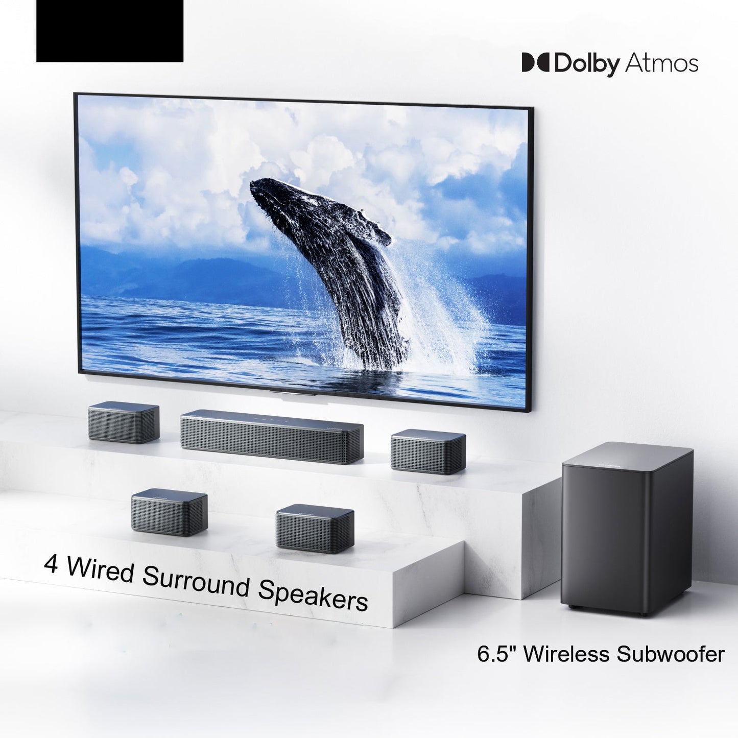 7.1 Surround Sound Systeem – Draadloze Subwoofer – Soundbar – Surround Geluidssysteem – Home Theater Audio – Dolby Atmos Technologie – 6,5 Inch Subwoofer Met 12 Instelbare Bassniveaus