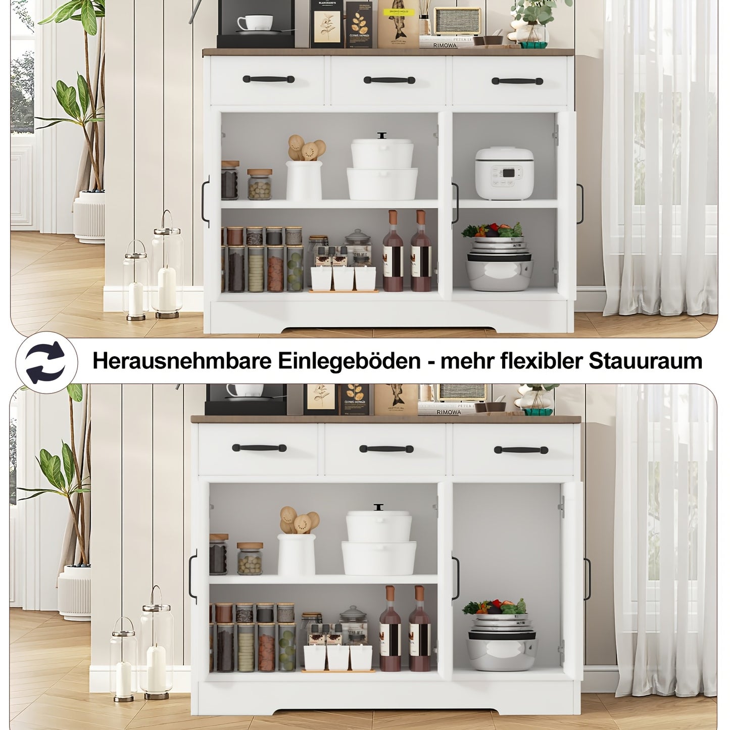 3 Drawers and 3 Doors Sideboard | Wooden Storage Cupboard Cabinet for Kitchen, Living Room, Dining Room, Hallway, White & Black, Contemporary Style, Oyajia Brand