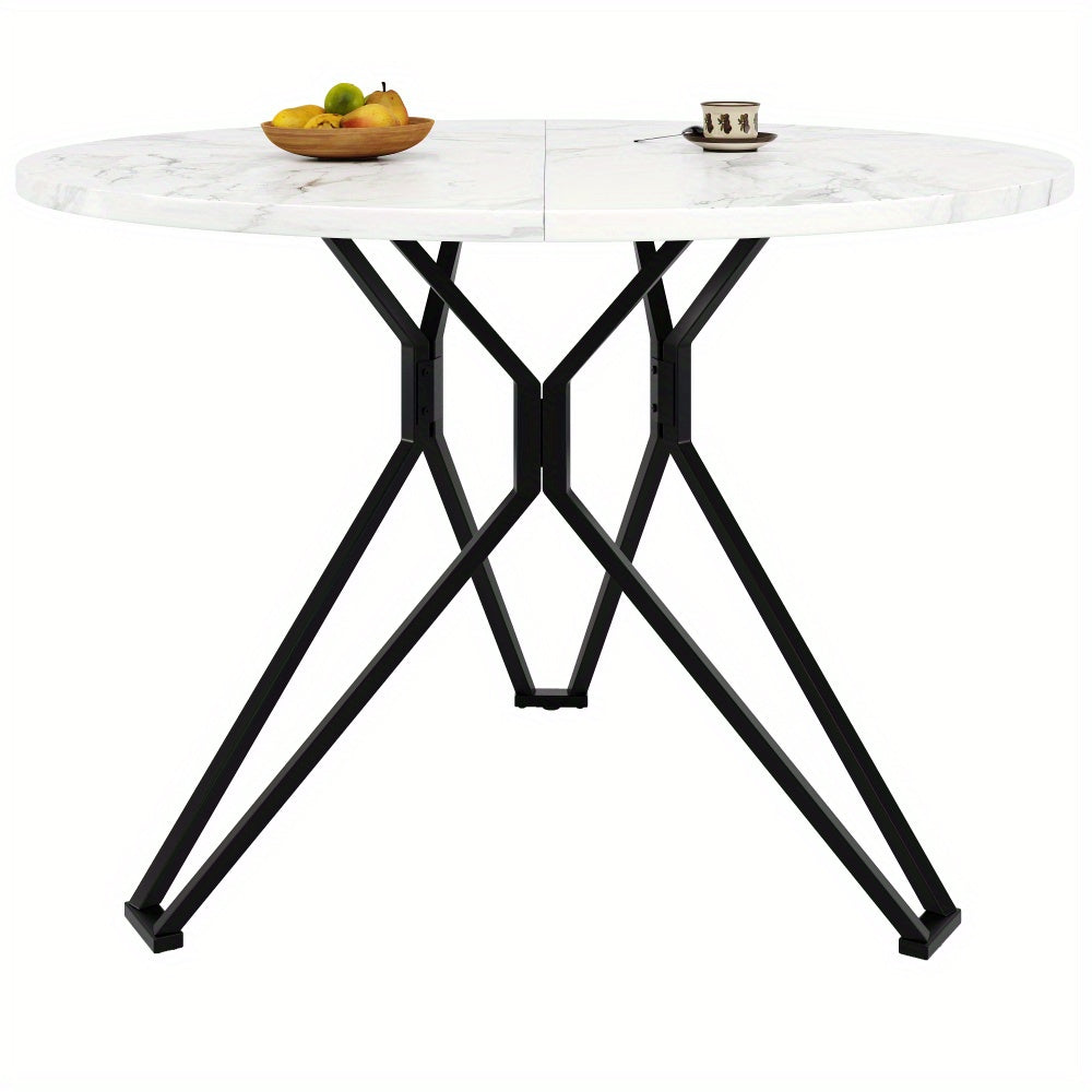 Rond Eettafel – Ronde Tafel – Keukentafel – Eetkamertafel – Compacte Eettafel – MDF Blad Met Marmerlook – Metalen Poot Zwart/Wit – 100x100x76 cm – Voor 4 Personen