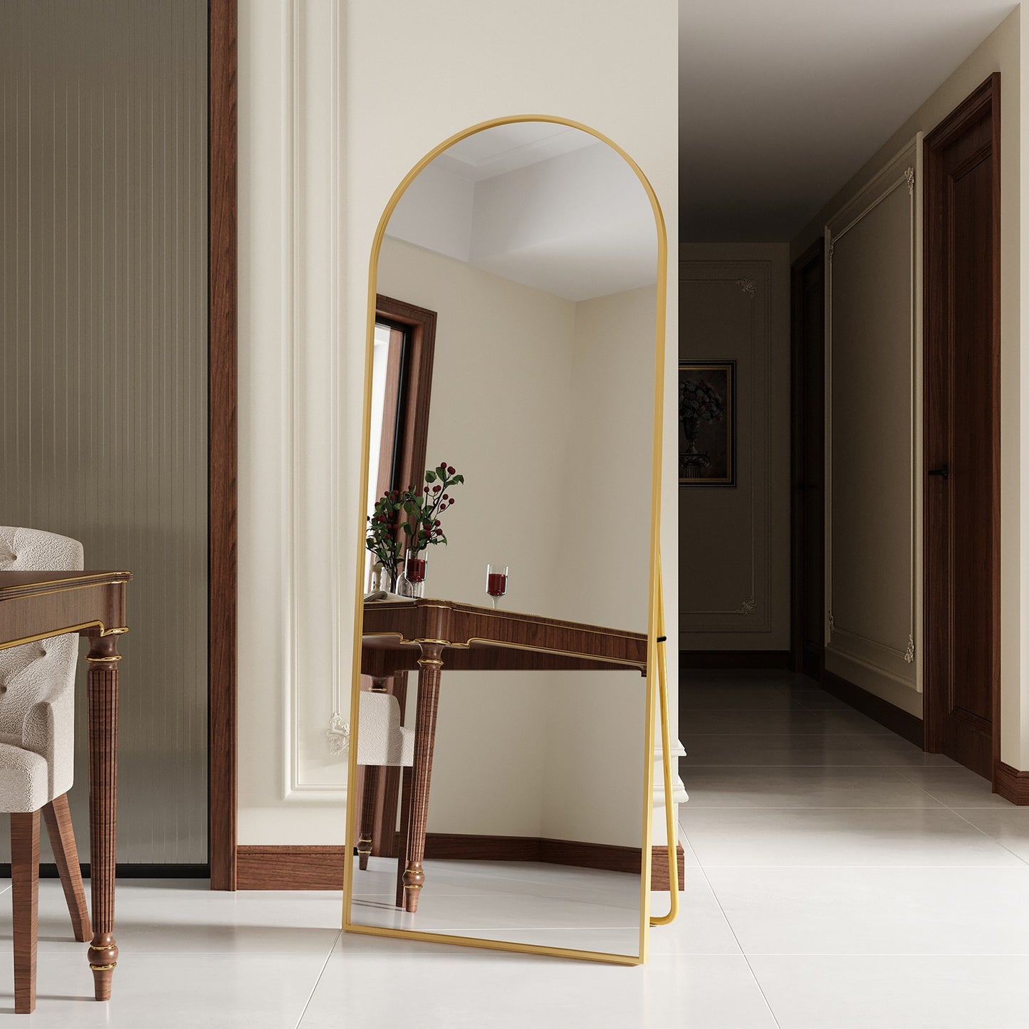 Boogvormige Staande Spiegel – Volledige Lichaamsspiegel – Vloerspiegel – Grote Slaapkamer Spiegel – Badkamerspiegel – Schokbestendig Glas – Aluminium Frame – Goud 165x60 cm