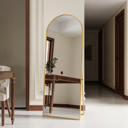 Boogvormige Staande Spiegel – Volledige Lichaamsspiegel – Vloerspiegel – Grote Slaapkamer Spiegel – Badkamerspiegel – Schokbestendig Glas – Aluminium Frame – Goud 165x60 cm