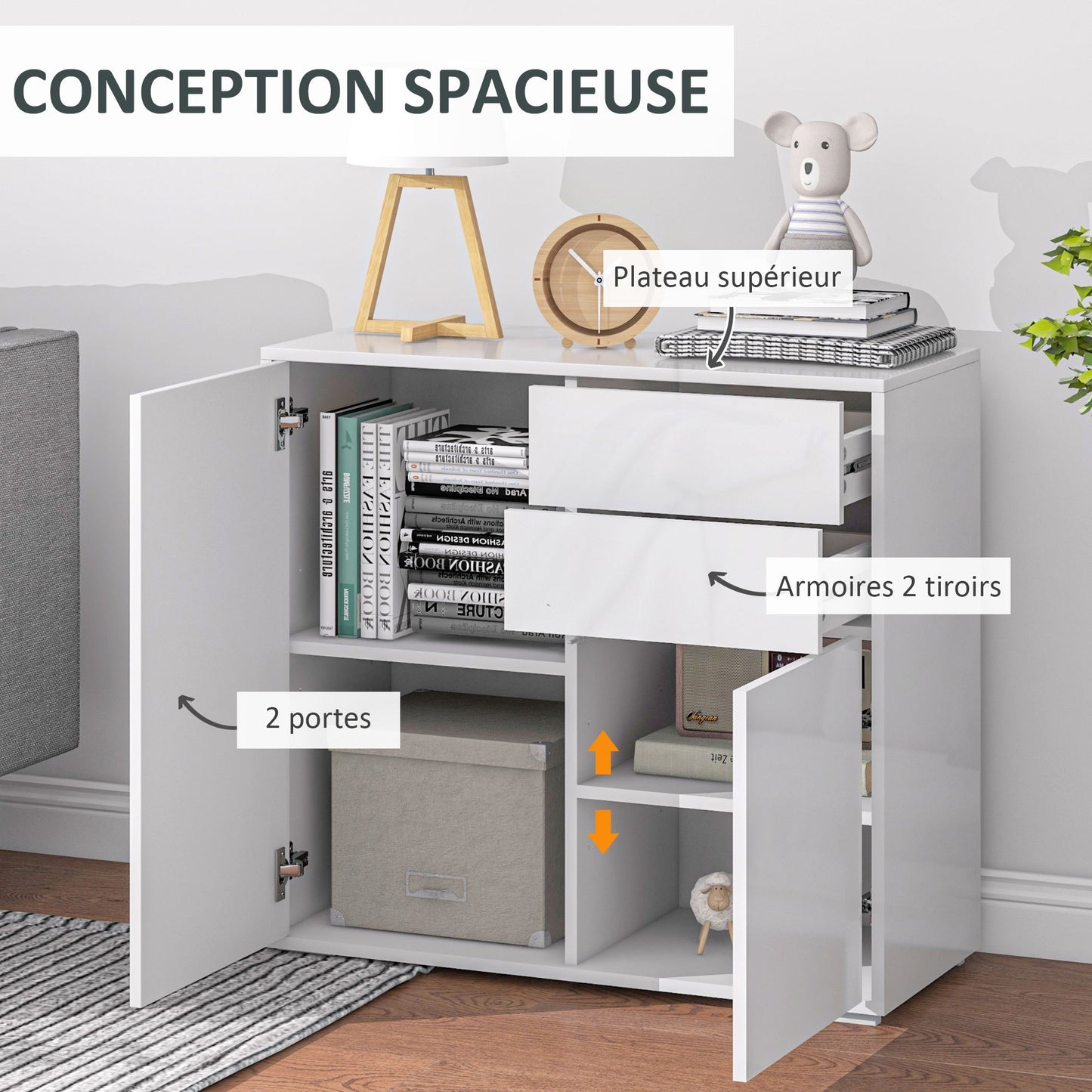 Commode – Ladekast – Opbergkast – Dressoir – Babykamermeubel – Witglanzend – 79x36x74 cm – Druk-open systeem