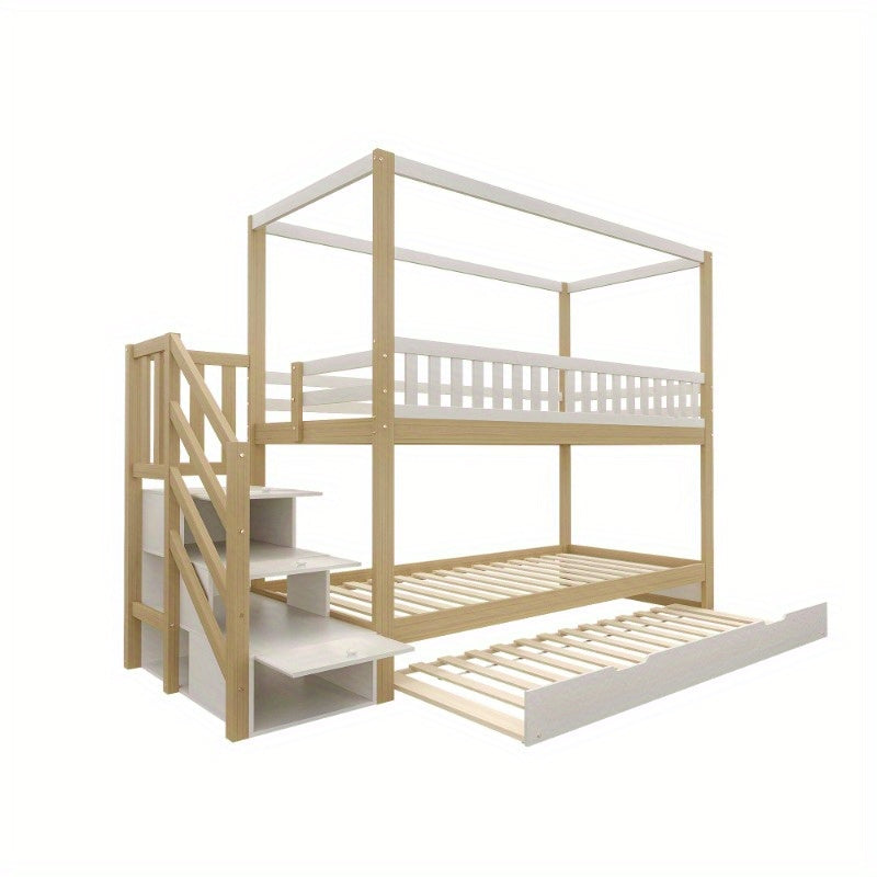 Hoogslaper – Loftbed – Stapelbed – Kinderbed – Eenpersoonsbed – Met Veiligheidshekken – Uitschuifbaar Bed – Opberglade – Wit/Naturel – 90x200 cm – Ruimtebesparend Design