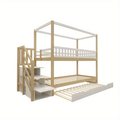 Hoogslaper – Loftbed – Stapelbed – Kinderbed – Eenpersoonsbed – Met Veiligheidshekken – Uitschuifbaar Bed – Opberglade – Wit/Naturel – 90x200 cm – Ruimtebesparend Design