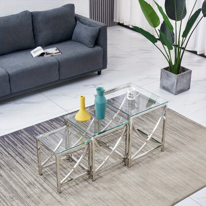 JYMTOM Set of 3 Coffee Tables, Side Tables Made of Stainless Steel Frame and Tempered Glass for Living Room, Modern Design, Sofa Table, Coffee Tables for Living Room, Sofa Side Table, Home Accent Tables, Glass Coffee Table, M