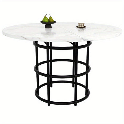Eettafelset – Eethoek – Eetkamerset – Keukentafelset – Zitgroep – Ronde 100 cm Tafel – Wit Marmerlook Plastic Blad – Grijze Stoffen Stoelen – Compact & Onderhoudsvriendelijk