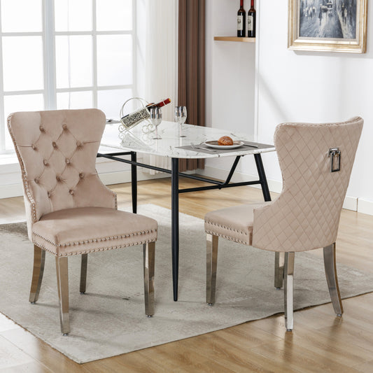 Dining room chair Kitchen chair Living room chair with unique door knocker on the back 2pcs Upholstered chair with nail head trim Support legs made of metal Cover made of beige velvet, Kitchen Seating, Vintage Style Chair, Cl