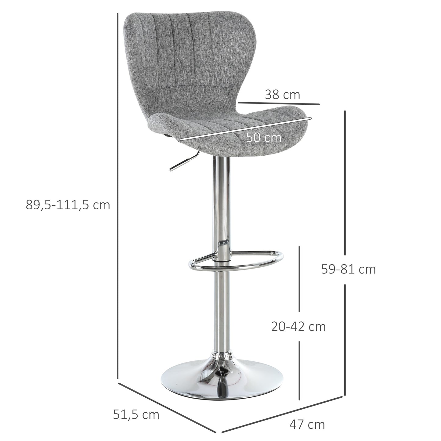 Barstoel – Barkruk – Keukenstoel – Verstelbare Kruk – Draaiende Barkruk – Set van 2 – Verstelbare Zithoogte 59-81 cm – 360° Draaibaar – Linnen Bekleding Grijs
