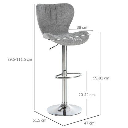 Barstoel – Barkruk – Keukenstoel – Verstelbare Kruk – Draaiende Barkruk – Set van 2 – Verstelbare Zithoogte 59-81 cm – 360° Draaibaar – Linnen Bekleding Grijs