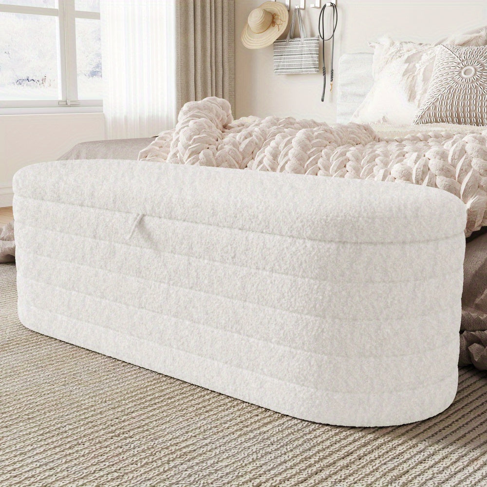 Bankje Met Opbergruimte – Puf – Zitzak – Poef – Hocker – Wit Teddyfleece – 120x40 cm – Zacht En Praktisch
