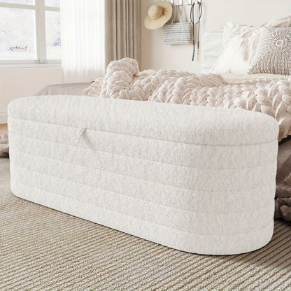 Bankje Met Opbergruimte – Puf – Zitzak – Poef – Hocker – Wit Teddyfleece – 120x40 cm – Zacht En Praktisch