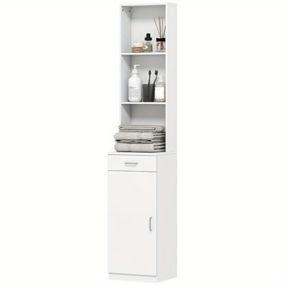 Badkamerkast – Badkamermeubel – Opbergkast – Kolomkast – Wastafelonderkast – Hoog en Smal – Verstelbare Planken en Lade – 35x30,5x179 cm – Duurzaam Wit MDF