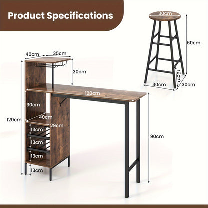 Barset – Barkrukken – Bartafel – Bistroset – Pubtafel – Vintage Bruin – Industriële Stijl – MDF Met Metaal – Inclusief Wijnrek Voor 6 Flessen
