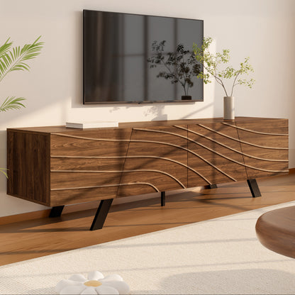 Modern Wave-Front TV Stand with Walnut-Grain Cabinet & Black Wrought-Iron Legs - Metal Entertainment Center with Cable Management, Shelving & Ample Storage Suitable for, Entryway (160×39×50.5cm)