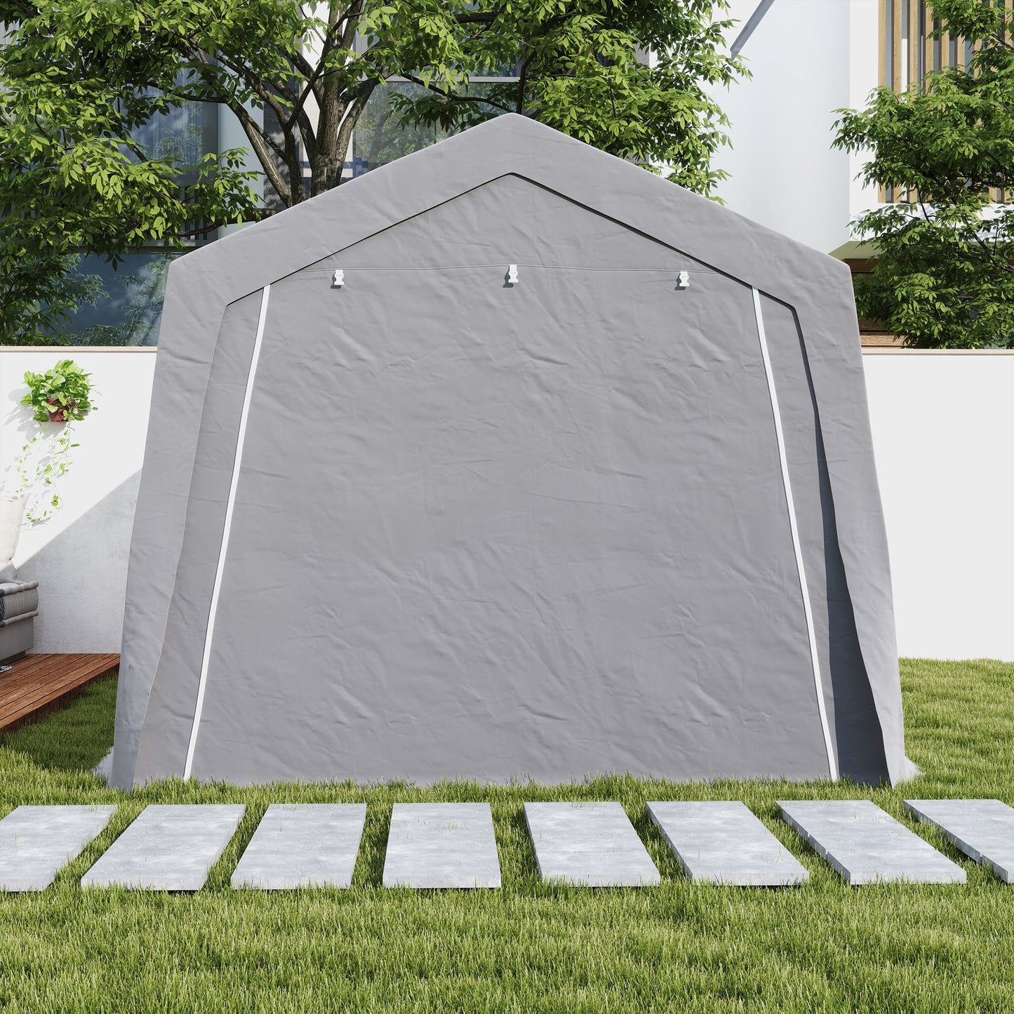 Fietsenstalling – Fietsberging – Fietsenhok – Tuinschuur – Opbergschuur – Waterdicht Polyester – Gegalvaniseerd Stalen Frame – 3 x 4,5 x 2,5 m – Lichtgrijs