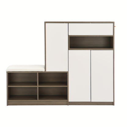 White Shoe Storage Bench & Cabinet with Padded Seat, Adjustable Shelves, and Open Compartment – Multifunctional Hardwood Shoe Organizer for Hallway or Entryway, Contemporary Design, 140cm W x 35cm D x 110cm H, Entryway Furn