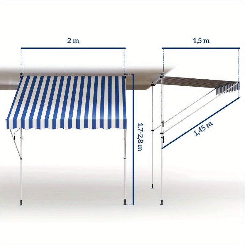 Verstelbaar Vouwdak – Zonnescherm – Terrasoverkapping – Balkonluifel – Patio Schaduwdoek – Aluminium Frame – 200x150 cm – Weerbestendig Blauw-Wit Gestreept
