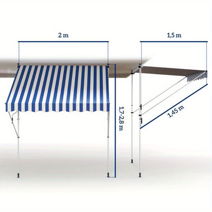 Verstelbaar Vouwdak – Zonnescherm – Terrasoverkapping – Balkonluifel – Patio Schaduwdoek – Aluminium Frame – 200x150 cm – Weerbestendig Blauw-Wit Gestreept