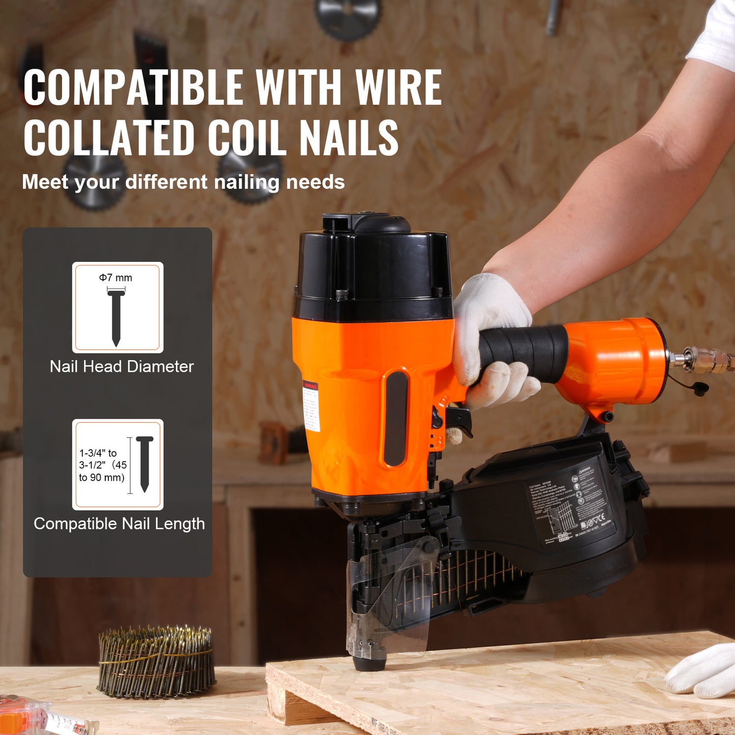 Spijkerpistool – Nagelpistool – Coil Nagelmachine – Pneumatisch Spijkerpistool – Verstelbare Nageldiepte – Aluminium Behuizing