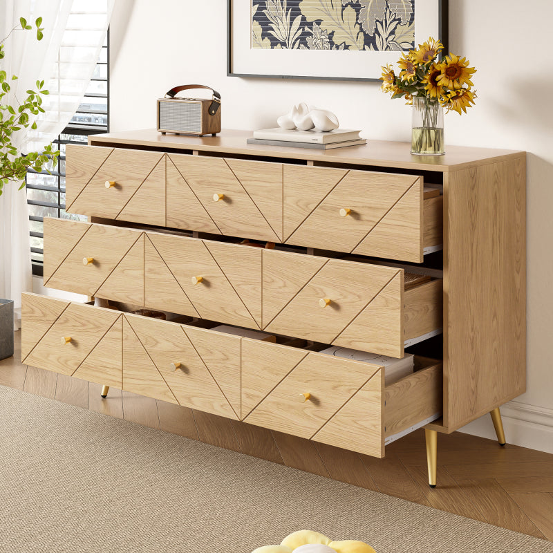 Ladenkast – Ladekast – Ladenkast – Ladekastje – Commode – 9 Lades – Stevige IJzeren Poten – Retro Geometrisch Patroon – Volledig Voorgemonteerd – Warme Bruintinten