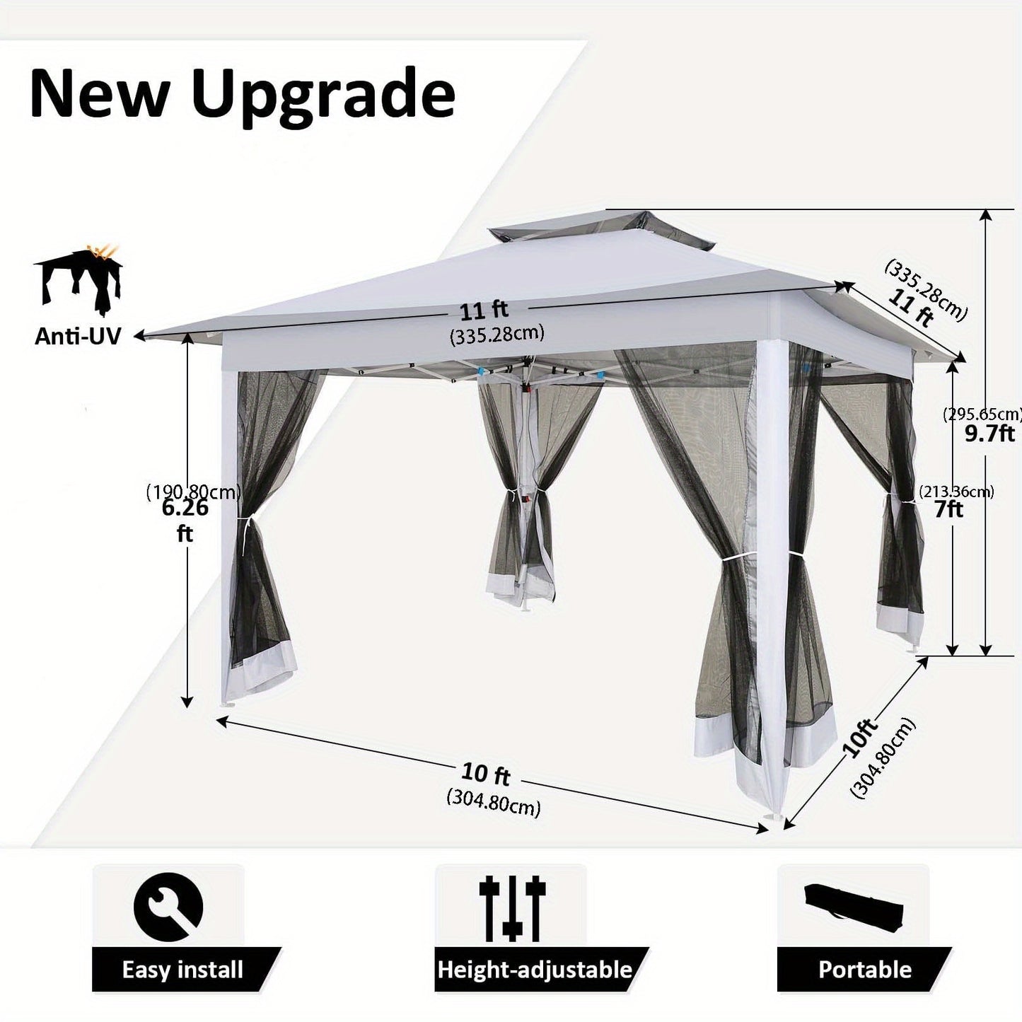 3.66x3.66meter Pop-Up Tent with 4 Mosquito Net Side Walls, Double Roof Design, Height Adjustable, Carry Bag Included - Ideal for Beach, Outdoor, Terrace Use, Beach Tent, Outdoor Shelter, Modern Shelter, Durable Fabric