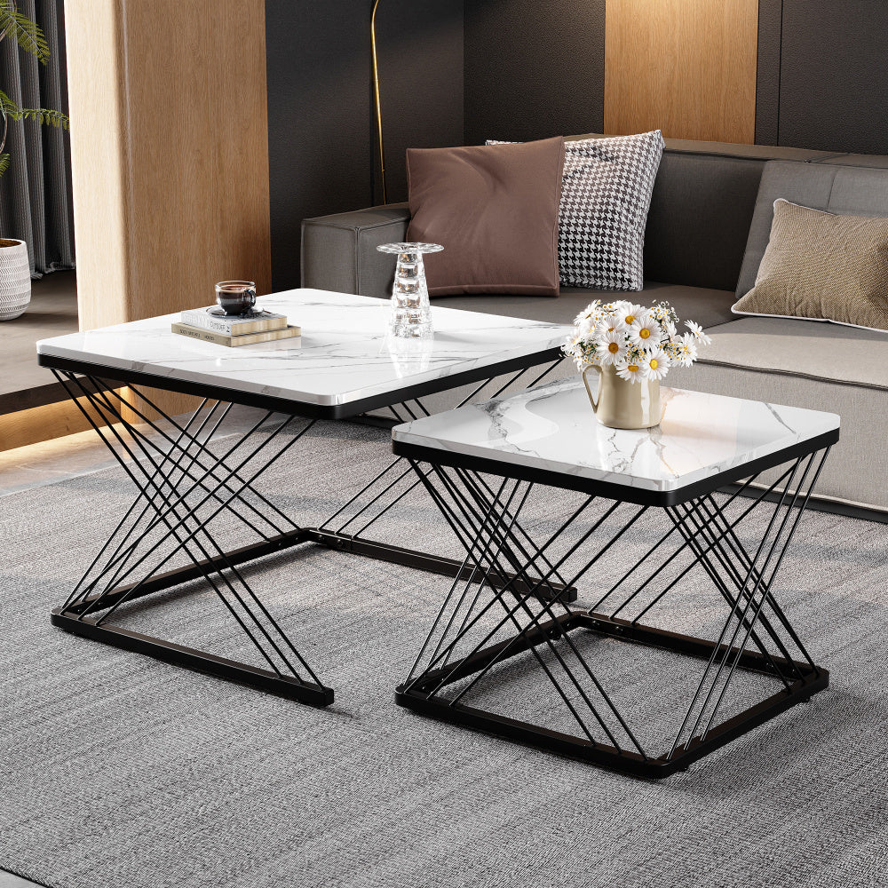 Salontafel – Koffietafel – Bijzettafel – Woonkamertafel – Tafeltje – Set Van 2 – Hoogglans Marmerlook – Verstelbare Pootjes – 60x60x45 & 45x45x40 cm