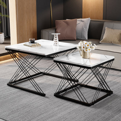 Salontafel – Koffietafel – Bijzettafel – Woonkamertafel – Tafeltje – Set Van 2 – Hoogglans Marmerlook – Verstelbare Pootjes – 60x60x45 & 45x45x40 cm