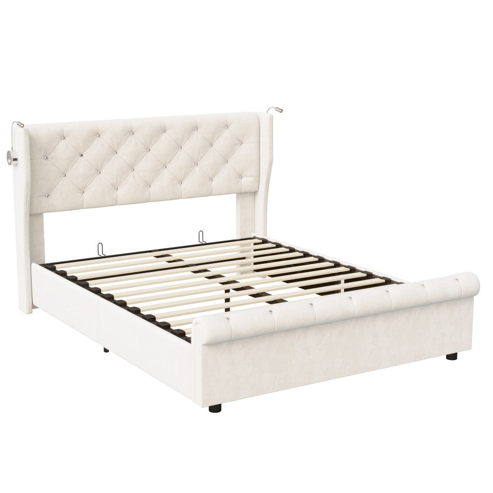 Opbergbed – Gestoffeerd Bed – Tweepersoonsbed – Bedkoffer – Opbergmeubel – 140x190 cm – Off-white Velvet – Hydraulisch Systeem & USB Leeslamp