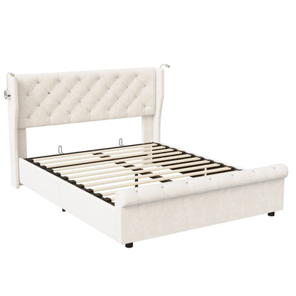Opbergbed – Gestoffeerd Bed – Tweepersoonsbed – Bedkoffer – Opbergmeubel – 140x190 cm – Off-white Velvet – Hydraulisch Systeem & USB Leeslamp