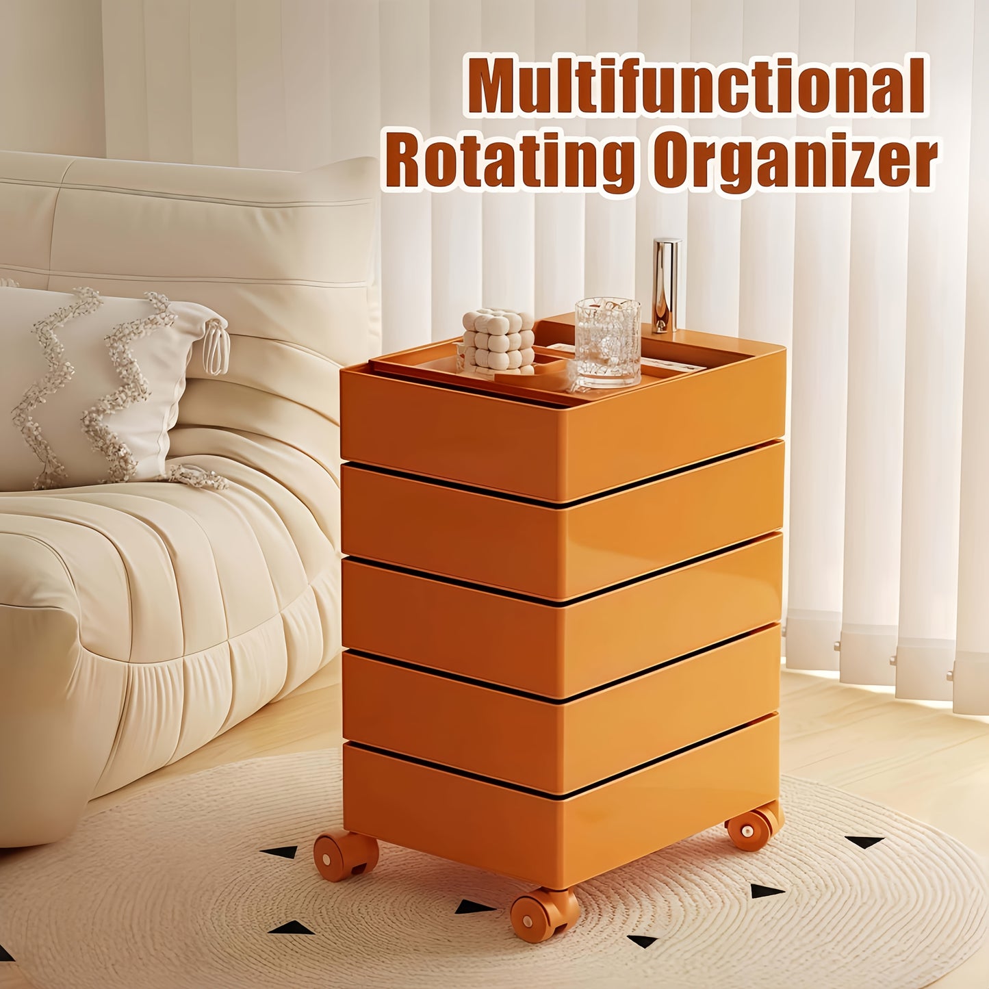 Rollende Opbergkast – Mobiele Kasten – Beweegbare Opberger – Lades Met Wielen – Rijdende Opbergruimte – Scandinavisch Design – Waterbestendig PVC – Vijf Ruime Planken – Tangerine Variant