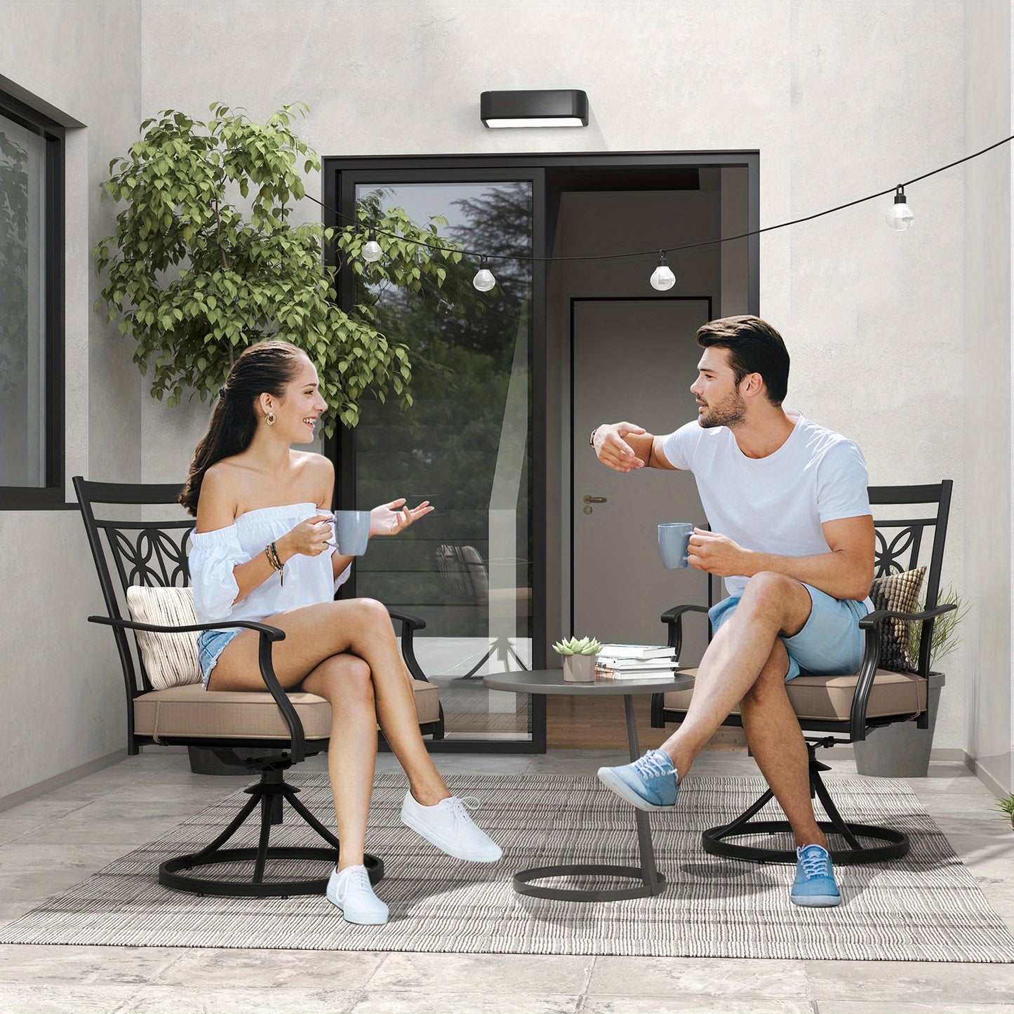 Patio Stoelen – Tuinstoelen – Balkonstoelen – Bistrostoelen – Draaistoelen – Metalen Frame – 360° Draaifunctie – Zachte Khaki Kussen