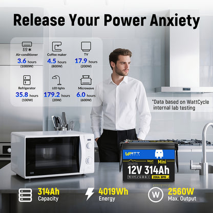 12V 314Ah LiFePO4 Accu – Lithium Batterij – Diepcyclische Accu – Camper Accu – Off-grid Accu – Hoge Capaciteit 4019Wh – Ingebouwde 200A BMS Veiligheid