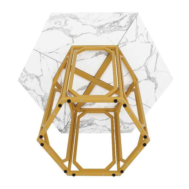Hexagon Marble Table - White & Grey Veining Marble Top with Golden Metal Legs, Modern Retro Hexagonal Dining Desk, No Assembly Required, Marble Countertop Kitchen/Breakfast Table for Small Spaces, Durable Non-Wood Furniture