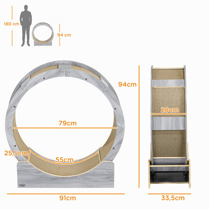 Kattenrenwiel – Kattenrad – Kattenloopwiel – Kattenwiel – Kattenren – Geluidsarme Loopvloer – Vergrendelbare Rem – Vervangbare Krabmat – Grijs – 91 cm Diameter – Geschikt Voor Katten Tot 5 kg