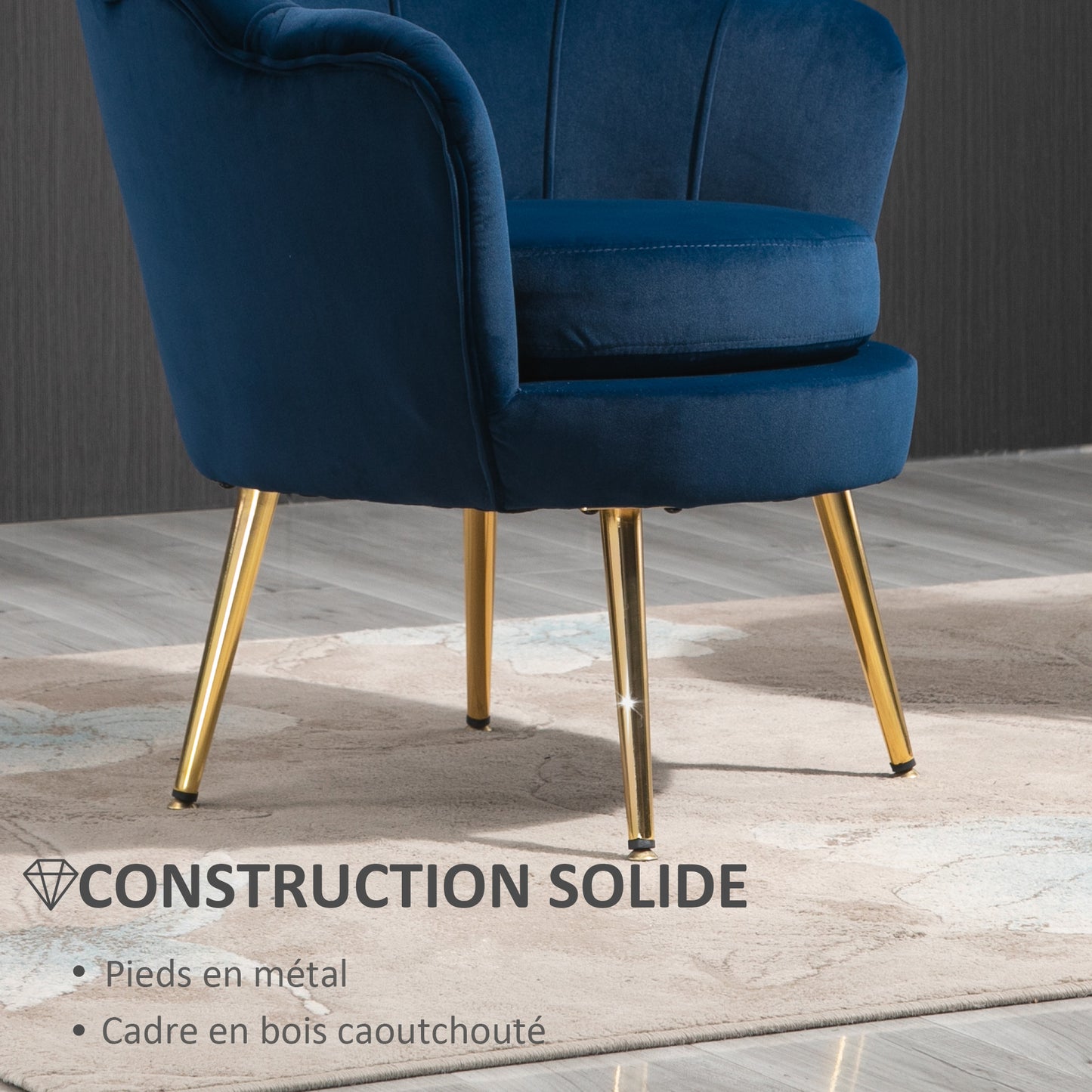 Fauteuil – Armstoel – Lounge Stoel – Relaxfauteuil – Clubstoel – Velvet Bekleding – Gouden Metalen Poten – 76x67x74 cm – Blauw