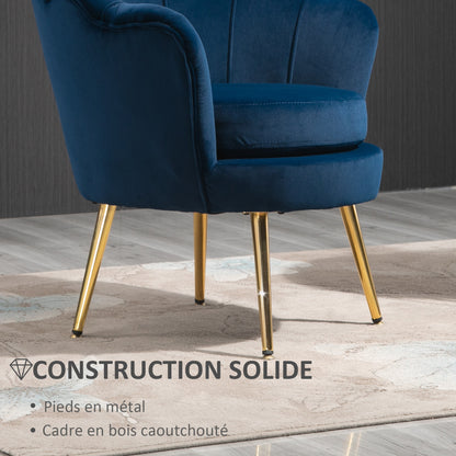 Fauteuil – Armstoel – Lounge Stoel – Relaxfauteuil – Clubstoel – Velvet Bekleding – Gouden Metalen Poten – 76x67x74 cm – Blauw