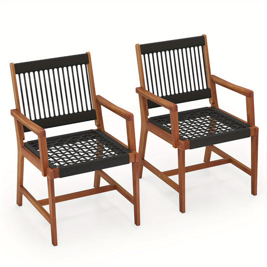 Tuinstoelen – Buitenstoelen – Patio Stoelen – Terrasstoelen – Balkonstoelen – Set van 2 – Acaciahout met Zwart Rope – Ergonomisch Ontwerp met Armleuningen