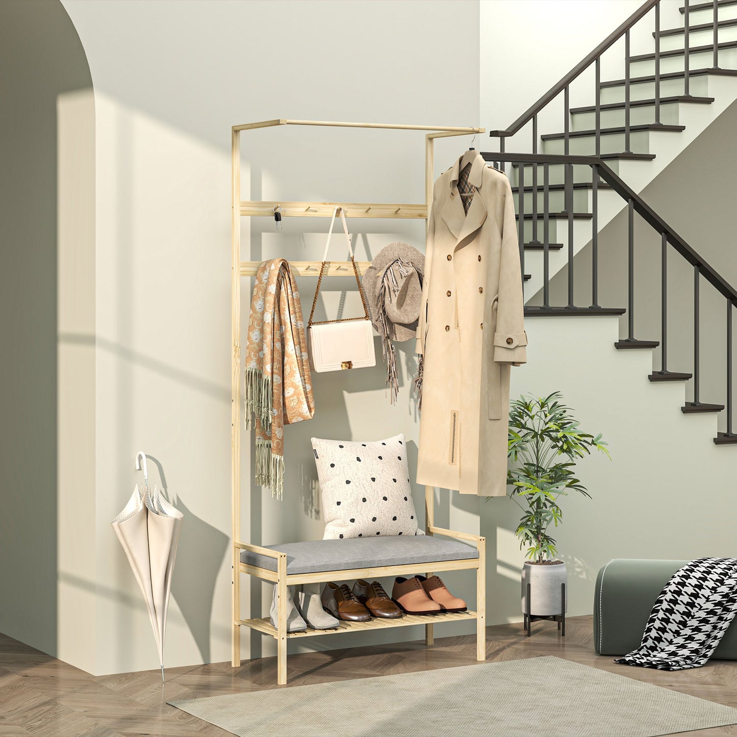 Kapstok – Wandkapstok – Schoenenrek – Garderobe – Halmeubel – Met Bamboe En Kunstleer – 10 Haken En Verborgen Opbergruimte